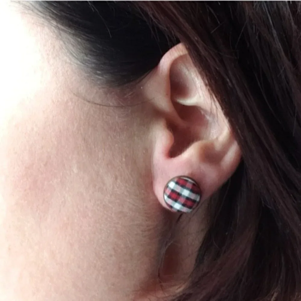 New Handmade Brown Plaid Upcycled Button Stud Earrings 0.5